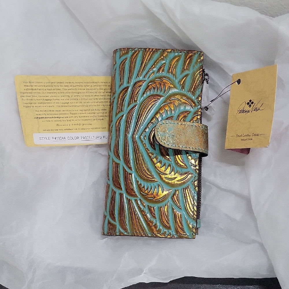Patrcia Nash Turquoise Tooled Leather Wallet with Bronze Design RFID Protect